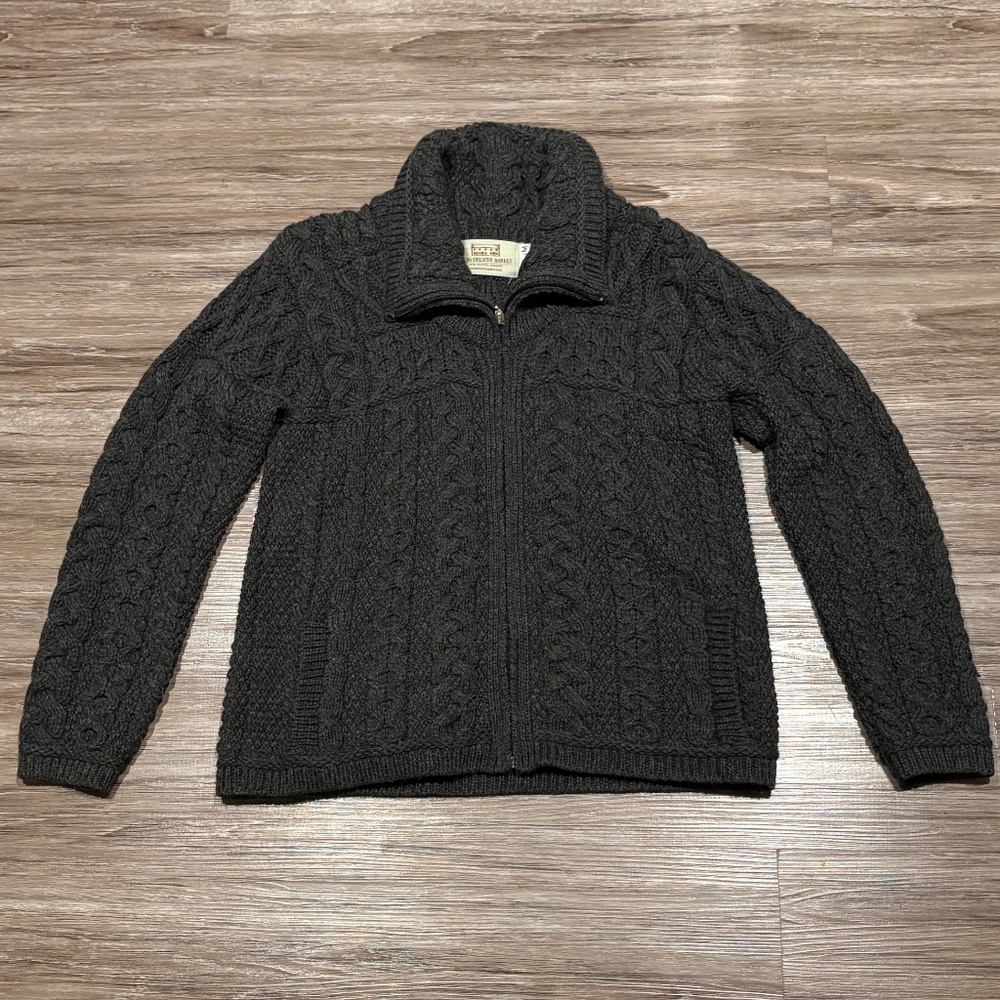 ARAN Double Collar Zip Merino Cardigan‎‎‎‎ Charcoal Gray, Sz M - Picture 6 of 10